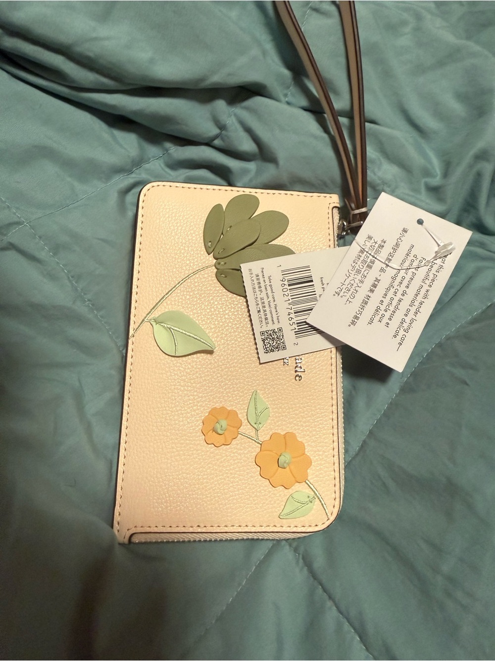 kate spade Cream Floral Appliqué Wristlet with Green and Tan Accents - Picture 4 of 9